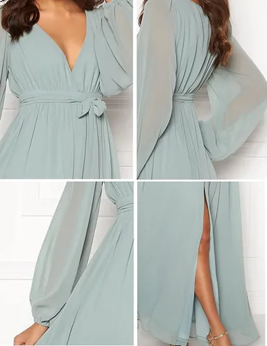 Vista 5 de SOLODISH Vestido de dama de honor de manga larga para mujer con abertura de gasa, vestido formal de noche