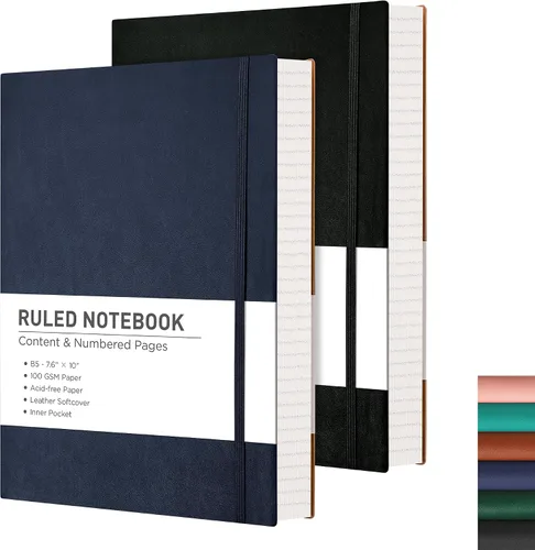 Vista 10 de RETTACY Cuaderno rayado, 2 paquetes, 204 páginas numeradas por paquete, B5 mediano 17.6 x 25 cm, tapa blanda de cuero, papel grueso de 100 g/m²