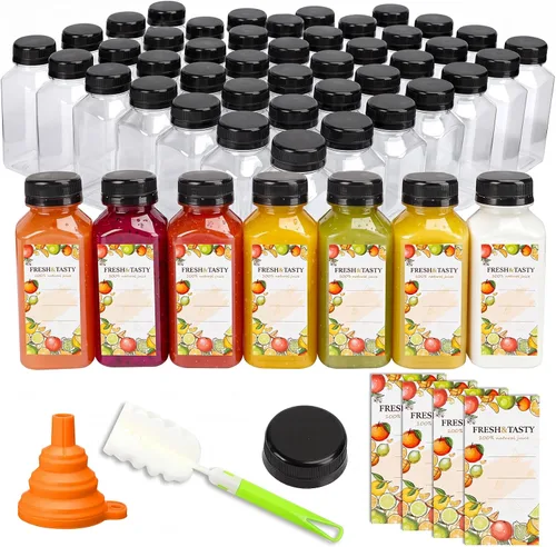 Vista 11 de TOMNK 100 botellas de plástico de 2 onzas con tapas, recipientes reutilizables transparentes para bebidas a granel para inyección de jengibre, jugo
