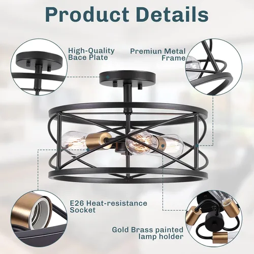 Vista 2 de mavcadonf Lámpara de techo semiempotrada de 3 luces, de 14 pulgadas, industrial y moderna, con jaula de metal, lámpara de techo con acabado