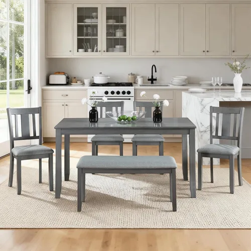 Vista 8 de Elegante juego de mesa de comedor de madera de 6 piezas con 4 sillas de respaldo de listones y un banco, juego de mesa de comedor de cocina para 6