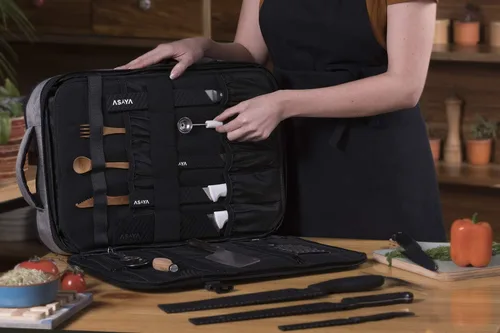 Vista 12 de Asaya Mochila para cuchillos de chef con bolsa enrollable de 20 bolsillos, más de 30 bolsillos para cuchillos, cuchillos no incluidos (marrón)