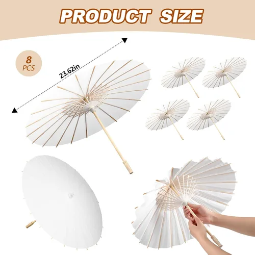 Vista 2 de Sanwuta 8 Pcs 23.6 Inch Paper Umbrella Chinese Japanese Handmade Oil Paper Parasol DIY for Wedding Bridal Party Photo Props