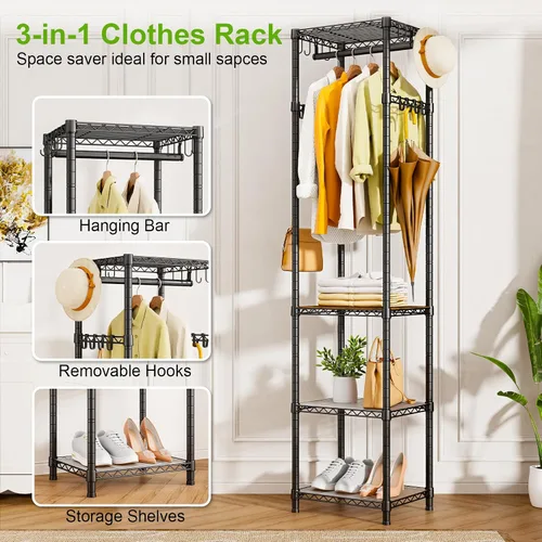 Vista 7 de R1 Perchero de Servicio Pesado para Ropa, Percheros para Ropa para Colgar Prendas, Perchero de Prendas con Estantes de Almacenamiento, Perchero