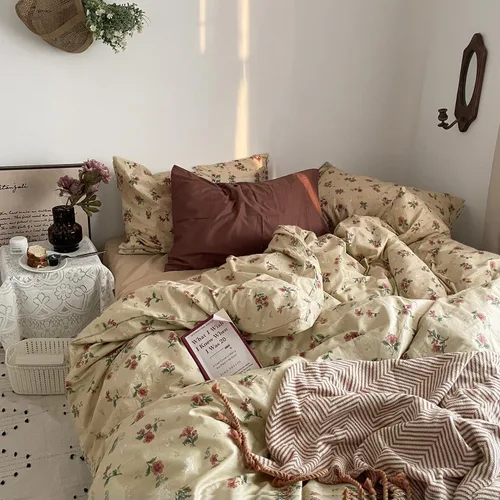 Vista 28 de MKXI Juego de ropa de cama con diseño de corbata de moño linda y rayas de flores rosas, tamaño individual, de algodón - Funda de edredón