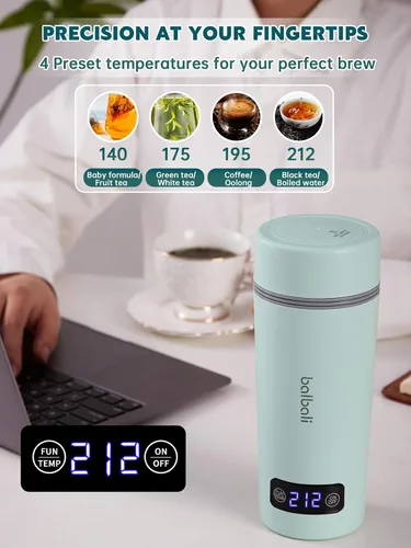 Vista 3 de balbali Hervidor de viaje de doble voltaje 100-250 V – Hervidor de agua portátil de 12 onzas/calentador/calentador para agua hirviendo – Hervidor