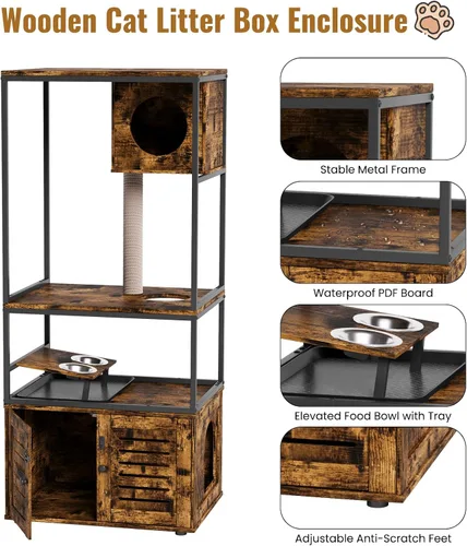 Vista 8 de Lamerge Árbol para gatos con caja de arena, caja de arena grande todo en 1, condominio para gatos con postes rascadores y cuenco de alimentación