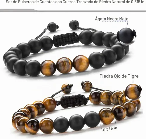 Vista 2 de Pulsera elástica Hamoery con cuentas naturales de ojo de tigre de 8 mm, para mujer y hombre Juego de 2 piezas 1-21018