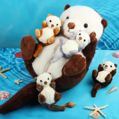 Vista 5 de Shappy 5 Piezas Animales de Peluche de Nutria Marina Grande Mamá Nutria Marina de Peluche con 4 Lindos Bebés en su Vientre con Cremallera Peluches