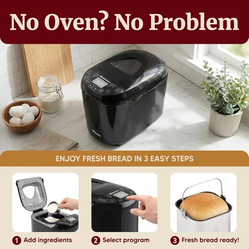 Vista 2 de Elite Gourmet - Máquina para hacer pan programable, 2 libras, 3 tamaños, 19 preajustes, color negro Cuenta con ajustes preestablecidos sin gluten