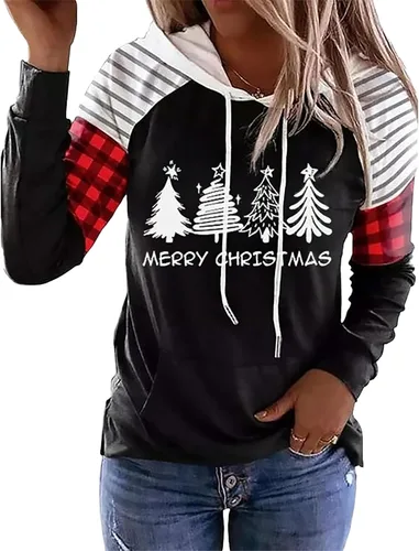 Vista 8 de LLHXRUI Sudadera de Navidad con diseño de árbol a cuadros y rayas para mujer, camiseta con bolsillo con capucha, manga larga, bloque de color Como