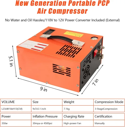 Vista 4 de Compresor de aire PCP, compresor PCP portátil de 4500 PSI, compresor de pistola de aire PCP de 12 V CC/110 V CA Parada manual, con adaptador