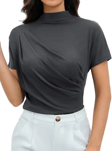 Vista 8 de OYOANGLE Camiseta de manga corta con cuello alto falso y fruncido para mujer
