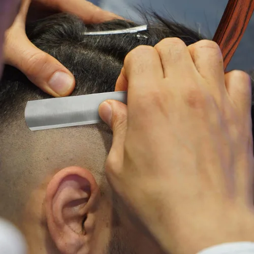 Vista 7 de Navaja de afeitar recta con estropajo - Afeitadora profesional de borde recto de acero inoxidable premium para barbero con estropajo para aseo