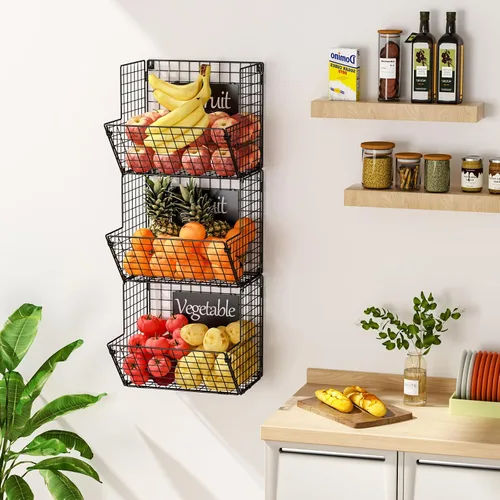 Vista 2 de X-cosrack Cesta de Alambre de Metal para Montar en Pared, Organizador de Almacenamiento de Pared de 3 Niveles con Ganchos Colgantes y Pizarras