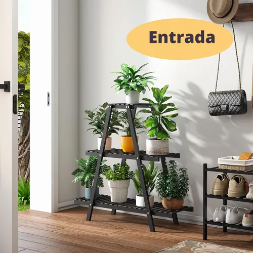 Vista 6 de Soporte de bambú para plantas interior/exterior, 3 niveles, negro, rectangular, 8 macetas para flores, estante para plantas
