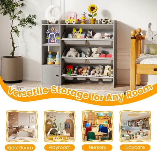 Vista 8 de HONEY JOY Organizador de almacenamiento de juguetes para niños, armario de madera de 44 pulgadas de largo con 8 contenedores extraíbles, estantes