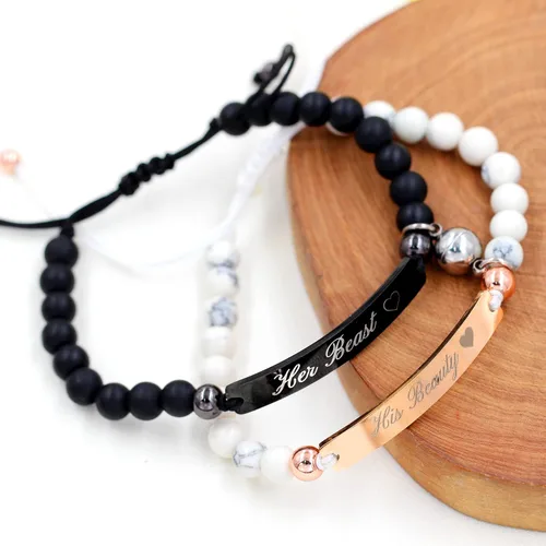Vista 4 de Uloveido Pulseras personalizadas para parejas con imán, acero inoxidable y cuentas naturales, grabado personalizado, hecho a mano, cuerda trenzada