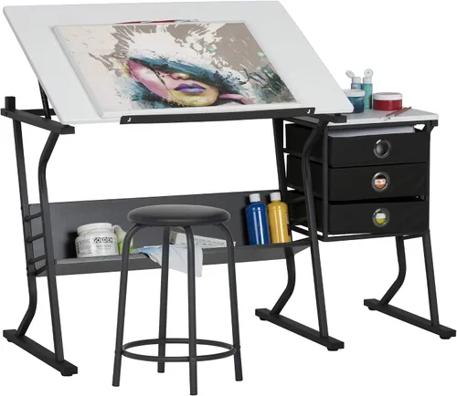 Vista 10 de Eclipse Ultra - Mesa de dibujo con taburete, parte superior ajustable en ángulo, estantes de almacenamiento y cajones de 2 piezas