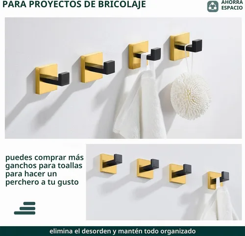 Vista 6 de Angle Simple Gancho para toallas, negro y dorado, paquete de 2, gancho para abrigos de acero inoxidable 304, gancho para bata de baño