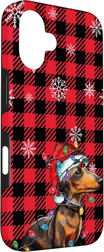 Vista 3 de iPhone 16 Dachshund Christmas Phone Case Red Plaid Pattern Christmas Lights Case