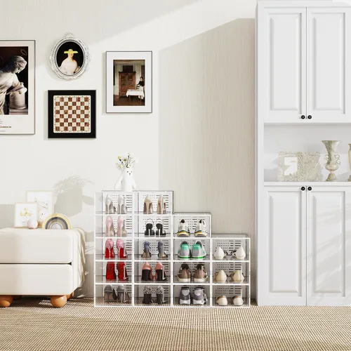 Vista 13 de SEE SPRING Cajas de almacenamiento de zapatos, organizador de zapatos apilable de plástico blanco para armario, zapatero y soporte para tenis, Negro