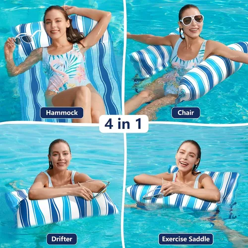 Vista 2 de Jasonwell Water Hammock Pool Floats - Fabric Inflatable Pool Hammock Float Floaties 4 in 1 (Saddle Lounge Chair Drifter) Lake Beach Floating Azul