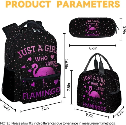 Vista 4 de Mochila Flamingo con fiambrera, juego de 3 mochilas escolares a juego, bonita bolsa rosa y estuche para lápices