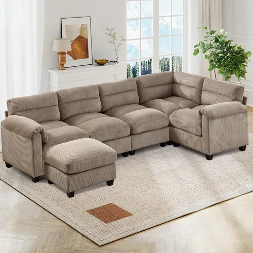 Vista 82 de HAOMARKETS Sofá esquinero modular en forma de L de 115 pulgadas con 2 otomanas móviles, sofás de pana de 8 plazas con cojín grueso para sala de Beige