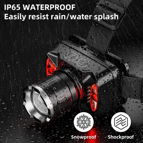 Vista 4 de Linterna frontal LED recargable, 6 modos de luz con luz estroboscópica roja y azul, haz zoomable, faro impermeable ajustable de 90° para campamento