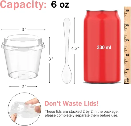 Vista 2 de Paquete de 50 mini tazas de postre de 6 onzas con tapas altas y cucharas, tazas pequeñas de plástico para tartas, tazas redondas para servir parfait