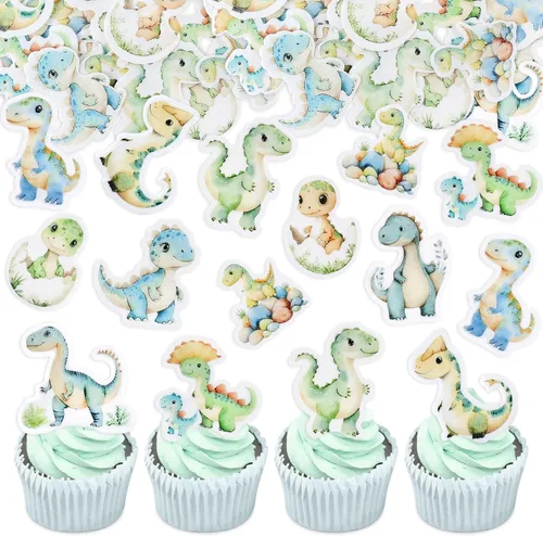 Vista 11 de 40 piezas comestible pastel de dinosaurio para cupcakes, acuarela, dinosaurios, baby shower, cupcakes, decoración de cumpleaños, suministros