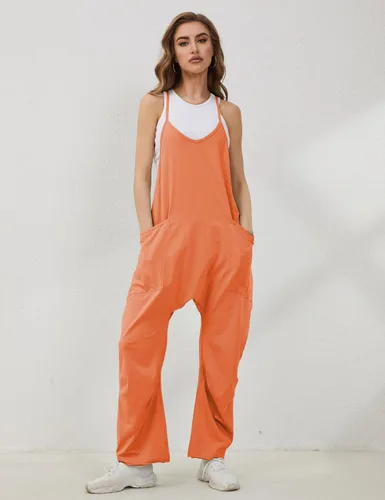 Vista 3 de Lentta - Enterizo casual para mujer con cuello en V sin mangas tipo harem con tirantes elásticos ajustables y bolsillos