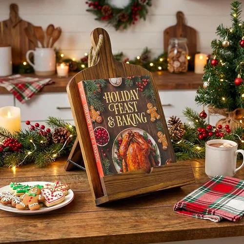 Vista 4 de MyGift Soporte para libro de recetas con diseño de tabla de cortar de Marrón