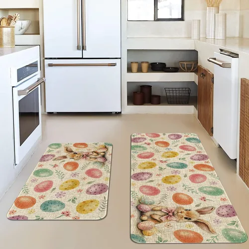 Vista 5 de Juego de 2 alfombras de cocina de Pascua, decoración de cocina de Pascua, huevos coloridos para piso, tapete de 17 x 30 pulgadas + alfombra