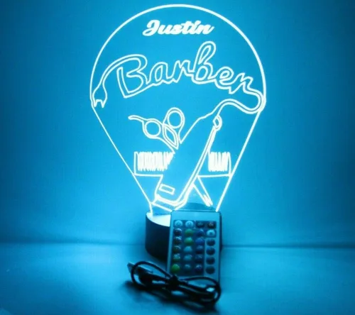 Vista 5 de Barbería peluquería corte peine silla tijeras afeitado hombres noche luz LED grabado personalizado nombre personalizado escritorio lámpara de mesa