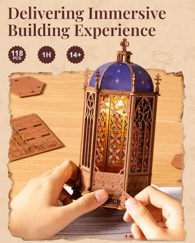 Vista 4 de Rowood Rompecabezas 3D para adultos, kit de modelo de arquitectura gótica de madera DIY con LED, regalo de cumpleaños de Navidad, catedral de cúpula