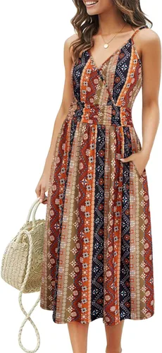 Vista 16 de Ouges Vestido corto de verano para mujer, con cuello en V, tirantes delgados, estampado floral y bolsillos, de fiesta