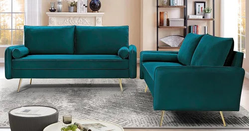 Vista 4 de Container Furniture Direct Juego de sofá de terciopelo inspirado en Chesterfield de 2 piezas con patas oblicuas de metal dorado, azul verdoso
