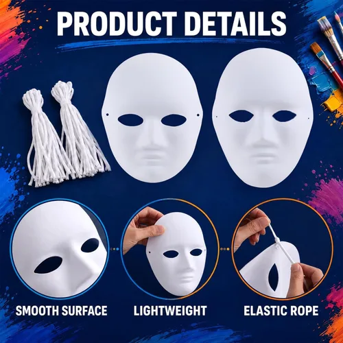 Vista 3 de 60 máscaras de papel maché en blanco blanco DIY máscaras faciales completas