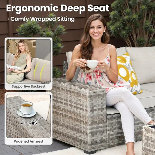 Vista 5 de ovios Juego de muebles de patio de 6 piezas, sofá seccional de mimbre para exteriores con mesa auxiliar, cómodos cojines, moderno sofá modular Beige