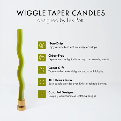 Vista 2 de Wiggle Candles - Velas cónicas de diseño bailarín, colores brillantes, 7/8 pulgadas de diámetro x 11 pulgadas de largo, diseñadas por Lex Pott, Verde