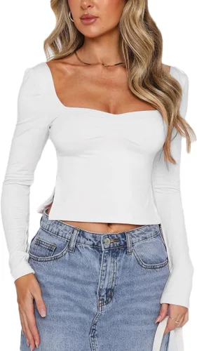Vista 2 de Camiseta básica de manga larga ajustada para mujer, color sólido, para salir, ajustada, ropa de calle