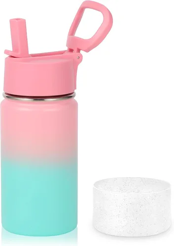 Vista 26 de Volhoply Botella de agua de acero inoxidable aislada de 14 onzas con tapa de pajita y funda de silicona, sin BPA, fácil de usar para niños y niñas