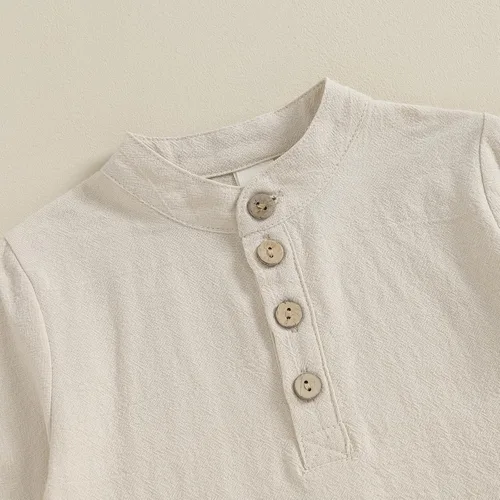 Vista 4 de Karuedoo Conjunto de camisas Henley de algodón y lino con botones y pantalones casuales para bebé niño