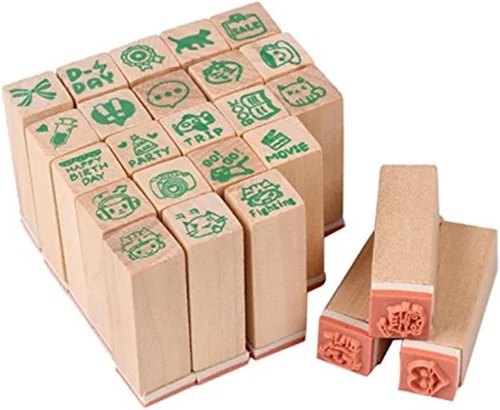 Vista 6 de Paquete de 25 sellos pequeños de goma de madera en forma de vida feliz verde con caja para tarjetas de manualidades y álbum de fotos (verde)