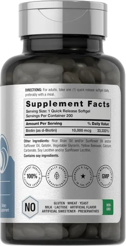 Vista 2 de Horbäach Biotin 10000 mcg 200 cápsulas blandas con vitamina B7 Suplemento de fórmula de belleza Sin OMG y sin gluten