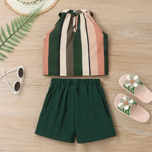 Vista 3 de Conjunto de pantalones cortos sin mangas a rayas coloridas para niñas y niñas pequeñas