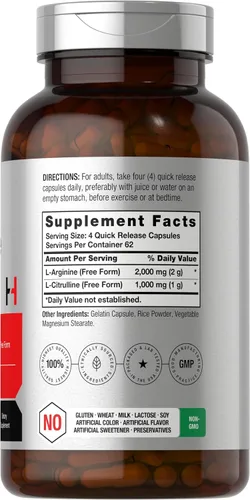 Vista 2 de Horbäach L-Arginina L-Citrulina Complejo 3000mg 250 Cápsulas Suplemento sin OMG, sin gluten Suplemento sin OMG, sin gluten
