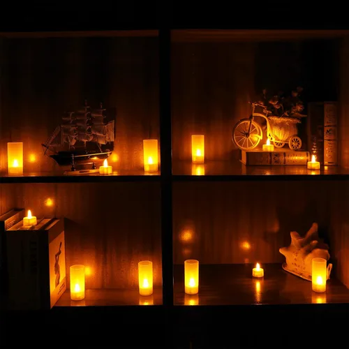 Vista 3 de Esup Velas recargables sin llama, parpadeantes, 12 unidades, con base blanca, decoración de fiestas, bodas, bar, familia, cena al aire libre picnic